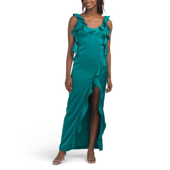 AIDAN BY ADRIANNA PAPELL Deep Emerald Sleeveless Cascading Ruffle Gown - Picture 1 of 2